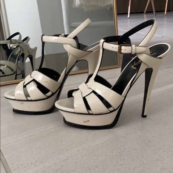 SAINT LAURENT TRIBUTE SANDAL HEELS CREAM/BLACK - Picture 3 of 8